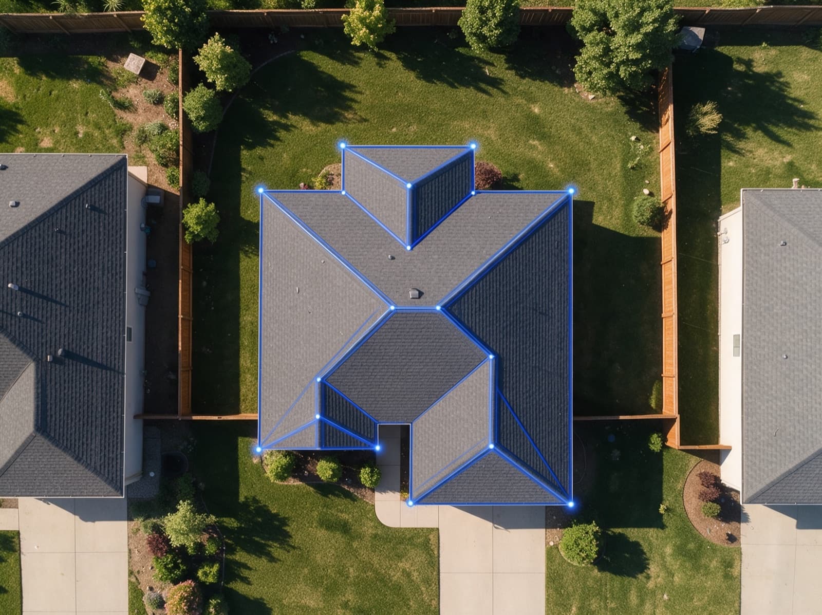 Aerial view of a house with every roof face traced by Roof AI