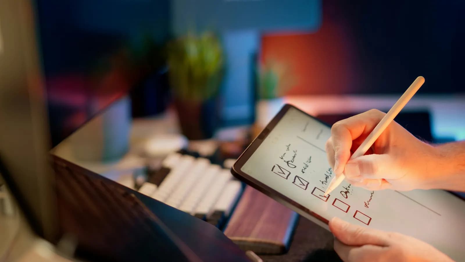 Hand signing a checklist on a tablet with a stylus