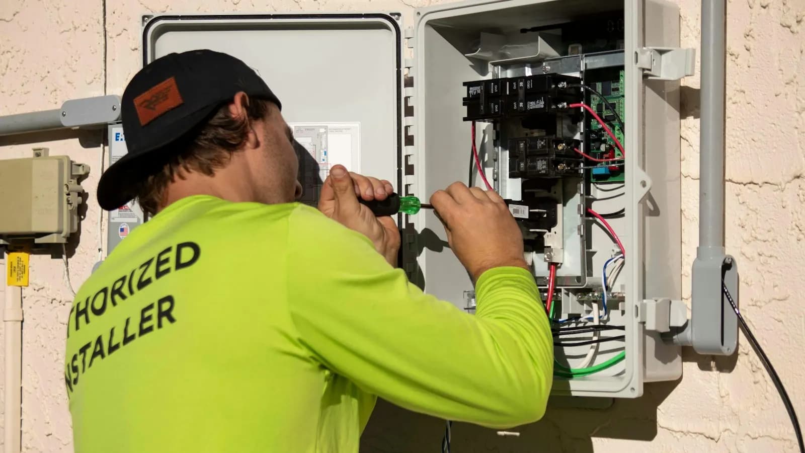 Home service technician wiring an exterior electrical panel on a house