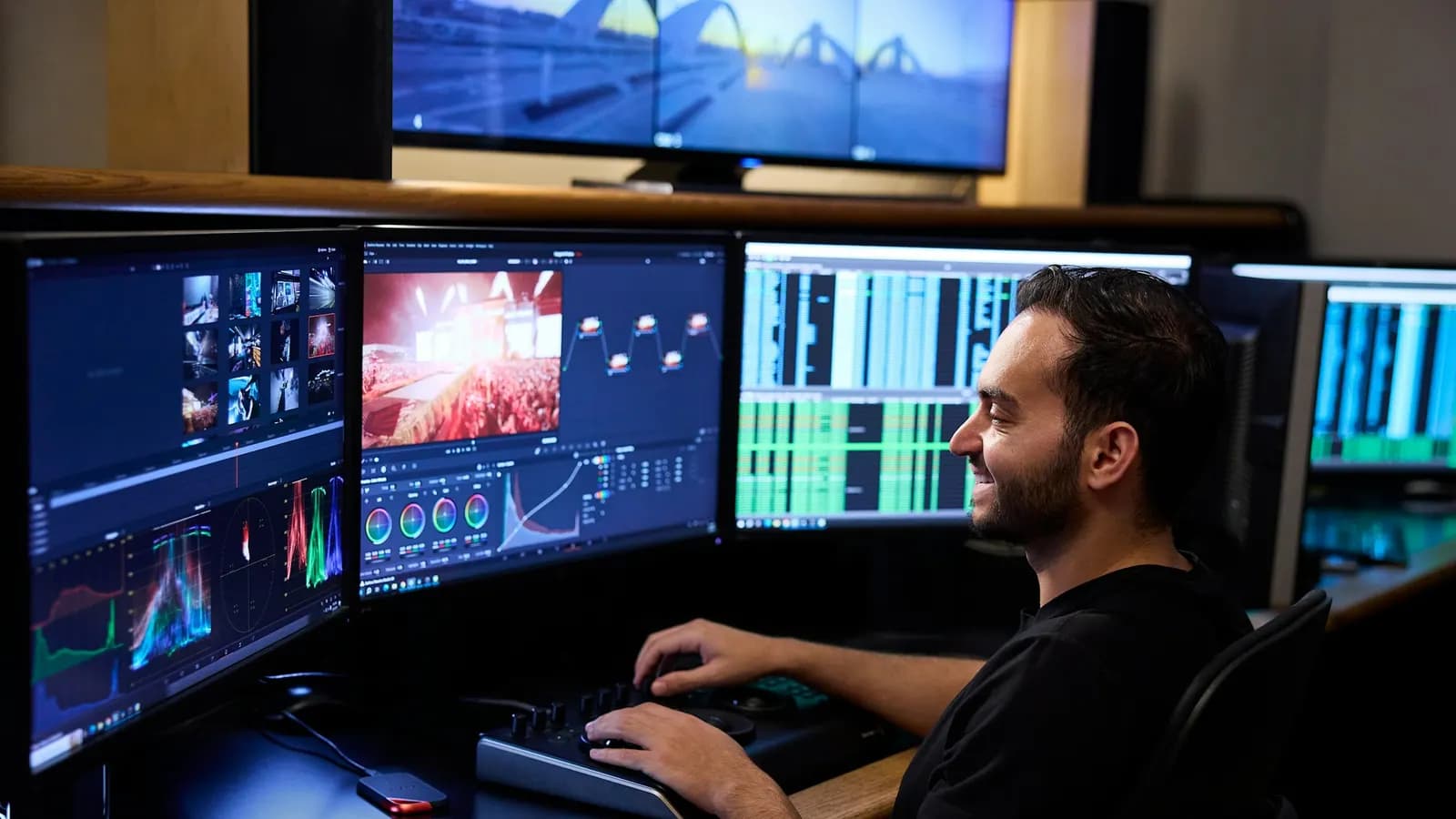 Video editor color grading footage on multiple monitors in a dark studio